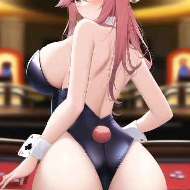 genshin impact, yae miko, nai diffusion, stable diffusion, 1girls, alternate costume, animal ears, ass, backless outfit, bare shoulders, blush, breasts, brown eyes, embarrassed, fake animal ears