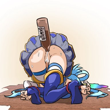 aqua (konosuba), hitotose rin, alcohol enema, anal, anal object insertion, anus, ass, bare shoulders, blue hair, blue legwear, blue shirt, bondage, bottle, bottle filling, bottle insertion