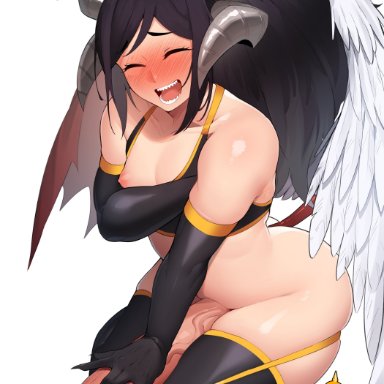 ain(in), in (ain), areola, big penis, black hair, blush, feathered wings, feathers, femboy, genitals, girly, glans, hair, horn, horned humanoid