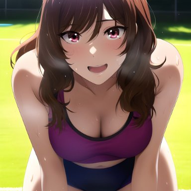 original, original character, nai diffusion, stable diffusion, 1girls, athletic, athletic female, bare shoulders, bent over, blush, breasts, brunette, cleavage, female, female only