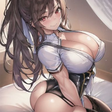 original, original character, nai diffusion, stable diffusion, 1girls, bed, bedroom, big ass, brown hair, cleavage, curvy figure, female, female focus, female only, light-skinned female