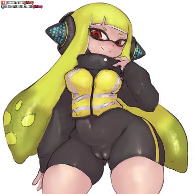 nintendo, splatoon, splatoon (series), agent 3 (splatoon), inkling, inkling girl, girlsay, 1girl, 1girls, black clothing, female, looking down, pussy bulge, solo, solo female