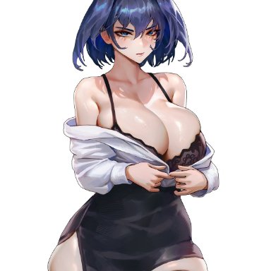 hololive, hololive english, hololive english -council-, ouro kronii, sayanestia, 1girls, angry, blue eyes, blue hair, blush, bra, breasts, cleavage, female, huge breasts