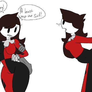 dc, jaiden animations, jaidenanimations, youtube, harley quinn (cosplay), jaiden, muffintop, 1girls, big ass, big penis, brown hair, circle head, penetration through clothes, questionable consent, english text