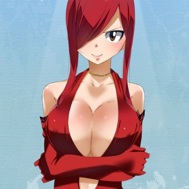 fairy tail, erza scarlet, gaston18, beam, big breasts, breast expansion, breasts, brown eyes, chains, closed eyes, nipples, pointing at viewer, red dress, red hair, seductive