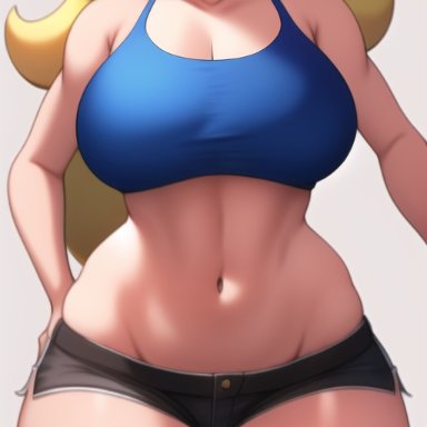 mario (series), nintendo, princess peach, nai diffusion, stable diffusion, 1girls, big breasts, child bearing hips, cleavage, female, female only, hand on hip, large breasts, legs, looking at viewer