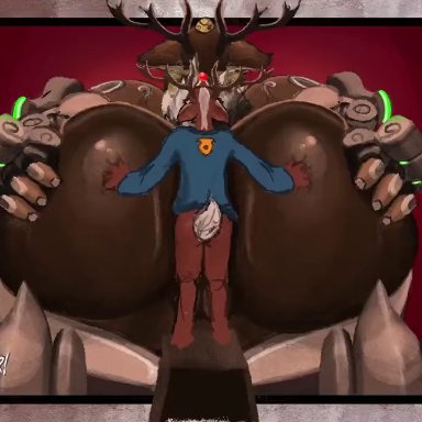 blizzard entertainment, overwatch, rudolph the red-nosed reindeer, omnic, orisa, reindeer orisa (overwatch), pepperuranus, anal, anal knotting, anal sex, anthro, antlers, anus, ass, big butt
