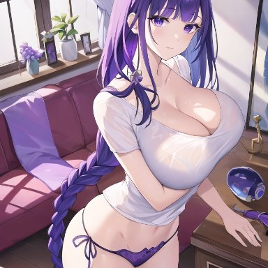 genshin impact, raiden shogun, nai diffusion, stable diffusion, 1girls, braid, breasts, busty, cleavage, female, female only, large breasts, panties, purple eyes, purple hair