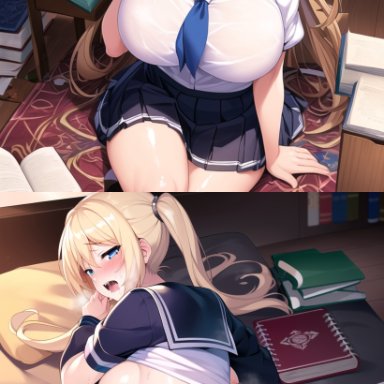 original, nai diffusion, stable diffusion, 1girls, ass grab, backboob, blonde hair, blue eyes, blush, book, breasts, busty, creampie, crossed legs, doggy style