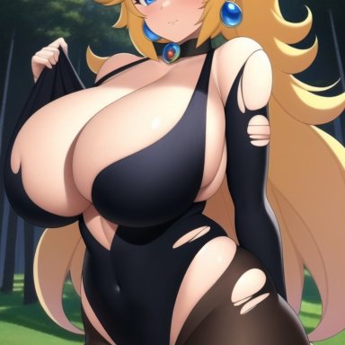 mario (series), nintendo, princess peach, nai diffusion, stable diffusion, 1girls, arm behind back, blue eyes, cleavage, covered navel, female, female only, huge breasts, legs, leotard