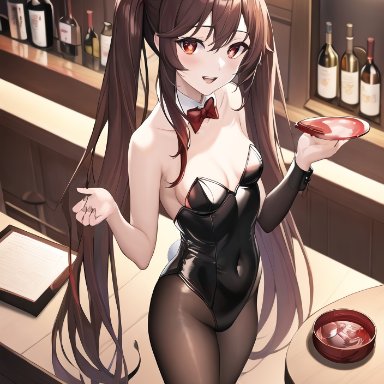 genshin impact, hu tao (genshin impact), nai diffusion, stable diffusion, 1girls, breasts, brown hair, bunny ears, bunnysuit, latex, leotard, red eyes, small breasts, twintails, ai generated