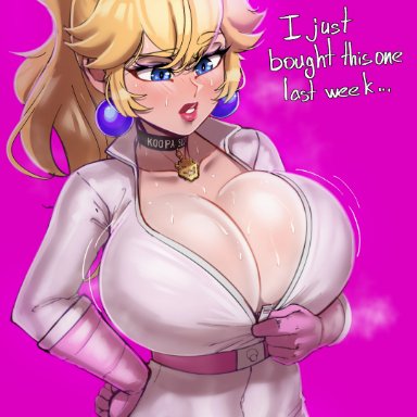 mario (series), nintendo, super mario bros. (2023 film), princess peach, aestheticc-meme, 1girls, big breasts, blonde hair, blue eyes, blush, blushing, bodysuit, busty, choker, cleavage