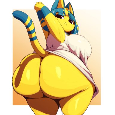 animal crossing, nintendo, ankha, ankha (animal crossing), trinity-fate62, 1girls, anthro, arms up, ass, big ass, bottom heavy, breasts, bubble butt, butt, clothing