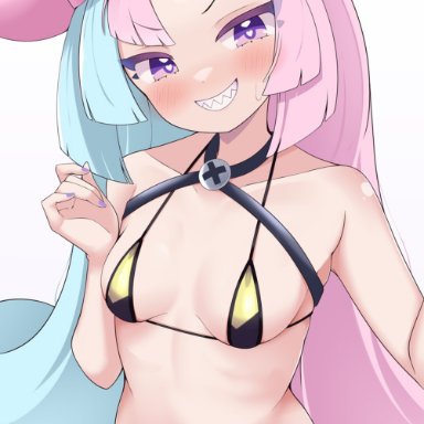 nintendo, pokemon, pokemon sv, iono (pokemon), cocozasa, 1girls, bikini top, blue hair, breasts, choker, female, light-skinned female, light skin, long hair, medium breasts