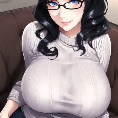 original, nai diffusion, stable diffusion, 1girls, big breasts, black hair, clothed female, curvaceous, curvy body, curvy figure, female, female only, glasses, long hair, looking at viewer