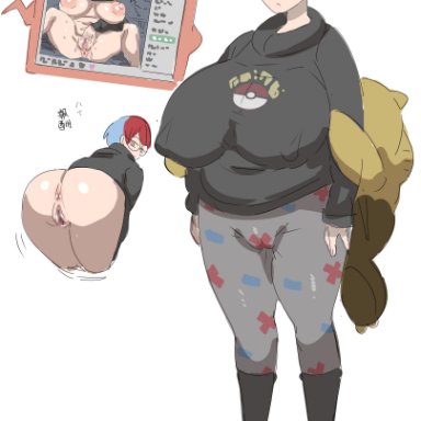 nintendo, pokemon, pokemon sv, drowzee, penny (pokemon), team star, batibatizekkyou, 1girls, alternate breast size, ass, bent over, breasts, female, glasses, huge ass