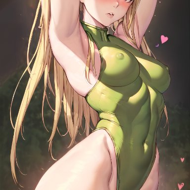 capcom, street fighter, cammy white, nai diffusion, stable diffusion, 1girls, armpits, arms behind head, blonde hair, breasts, cameltoe, child bearing hips, covered erect nipples, covered navel, covered nipples