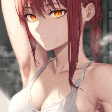 chainsaw man, makima (chainsaw man), nai diffusion, stable diffusion, armpits, braided ponytail, breasts, cleavage, female, red hair, sweat, tank top, upper body, white tank top, yellow eyes