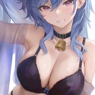 genshin impact, ganyu (genshin impact), artist request, 1girls, ahoge, bell, bell choker, blue hair, blush, bra, breasts, choker, female, grin, horns