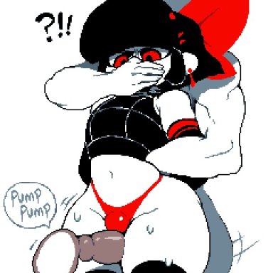anon, original character, dizzyspells, arms behind back, black hair, bulge, condom, condom filling, confusion, covering mouth, crop top, earrings, femboy, panties, red bow