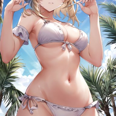 genshin impact, lumine (genshin impact), nai diffusion, stable diffusion, 1girls, bikini, blonde hair, breasts, cleavage, female, large breasts, underboob, white bikini, yellow eyes, ai generated