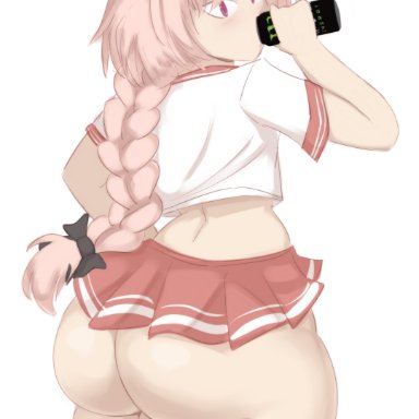 fate/apocrypha, fate (series), astolfo (fate), lewddoodler, 1boy, ass, big ass, big butt, butt, clothed, clothing, drinking, femboy, large ass, long hair