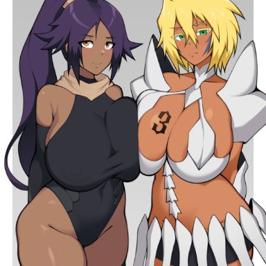 bleach, shihouin yoruichi, tia harribel, notkadraw, 2girls, blonde hair, breast tattoo, breast to breast, breasts, brown skin, dark-skinned female, dark skin, female, green eyes, huge breasts