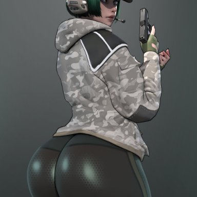 rainbow six, rainbow six siege, ela (rainbow six), popogori, background, big ass, clothed, clothing, female, female only, green hair, grey eyes, gun, irish, looking at viewer