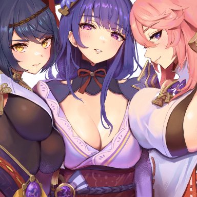 genshin impact, kujou sara, raiden shogun, yae miko, sukoyaka93, 3girls, black hair, blush, breast press, breasts, busty, cleavage, female, female only, large breasts