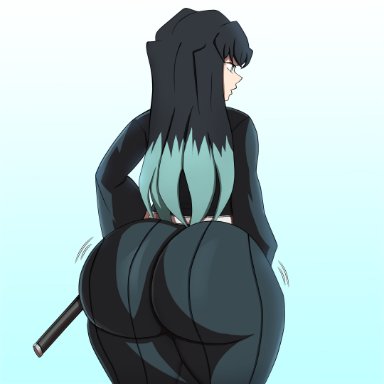 demon slayer, kimetsu no yaiba, muichiro tokitou, w1hot, 1boy, ass, back view, big ass, big butt, clothed, clothing, femboy, large ass, long hair, male