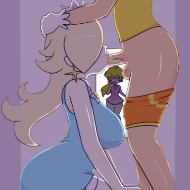 mario (series), mario tennis, nintendo, princess daisy, princess peach, princess rosalina, duplichance, ray jff, 1futa, 2girls, ass, balls, big breasts, big penis, blonde hair