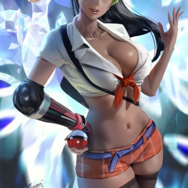 nintendo, pokemon, pokemon sv, nemona (pokemon), quaquaval, zumi, 1girls, aged up, black hair, booty shorts, breasts, brown eyes, brown skin, dark-skinned female, dark skin