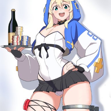 guilty gear, guilty gear strive, bridget, kazuma (8h0lmtrvwasojhq), 1boy, bear, blonde hair, blue eyes, bulge, bunny ears, bunnysuit, eye contact, femboy, fingerless gloves, fishnet stockings