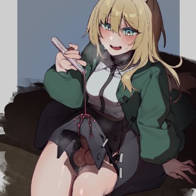 arknights, podenco (arknights), mirin chikuwa, 1futa, animal ears, aphrodisiac, arm support, balls, big penis, black skirt, blonde hair, blush, breasts, bulge, clothed