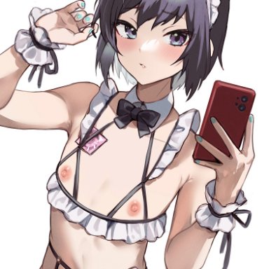 original, 1boy, aqua nails, armpit crease, bangs, bikini, black hair, blush, bow, bowtie, bulge, cellphone, condom, condom wrapper, cowboy shot