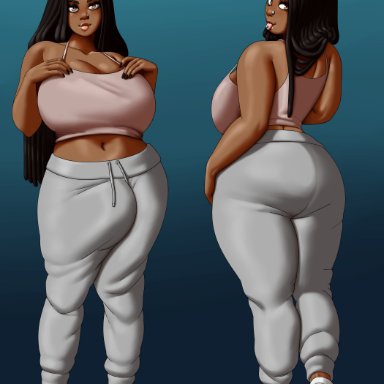 ancestralpotato, syntheticpotato, 1futa, back, back view, big ass, black hair, black nails, breasts, brown eyes, bulge, bulge through clothing, bulge under clothes, clothed, clothing