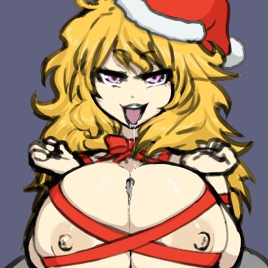 christmas, rwby, yang xiao long, xelsword, 1boy, 1girls, areola, areolae, big breasts, blonde hair, boobjob, breasts, christmas clothing, christmas outfit, cleavage