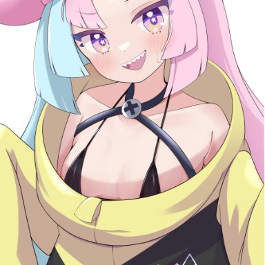 nintendo, pokemon, pokemon sv, iono (pokemon), cocozasa, 1girls, bikini top, blue hair, breasts, choker, female, jacket, light-skinned female, light skin, long hair