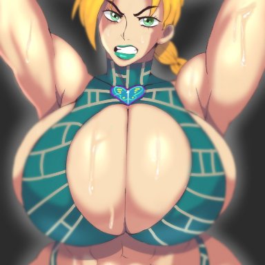 jojo's bizarre adventure, stone ocean, jolyne kujo, crossnsfw, 1girls, abs, alternate breast size, angry, angry face, arms above head, arms behind head, big ass, big breasts, big butt, black background