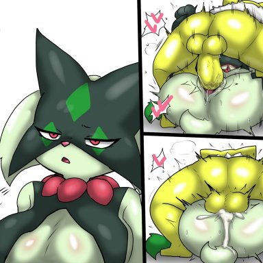 nintendo, pokemon, generation 1 pokemon, generation 9 pokemon, hypno, meowscarada, pokemon (species), enigi09, anthro, balls, black body, bodily fluids, breasts, cum, cum inside