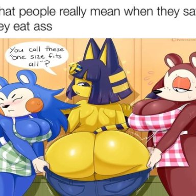 animal crossing, nintendo, ankha, mabel able, sable able, jinu, 3girls, anthro, ass, ass focus, big breasts, blue body, blue skin, breasts, brown body