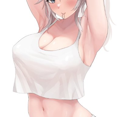 hololive, shishiro botan, tomj, 1girls, ahoge, alternate costume, animal ears, armpits, arms behind head, arms up, bare arms, bare shoulders, blue eyes, blush, breasts