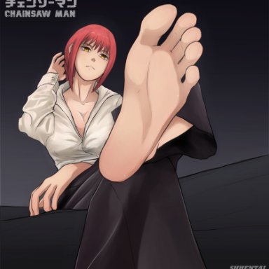 chainsaw man, makima (chainsaw man), shoarts, barefoot, dominant female, feet, female, femdom, foot fetish, foot focus, long hair, office lady, only female, red hair, soles