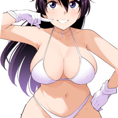 bleach, bambietta basterbine, barkhorn0331, 1girls, bikini, black hair, blue eyes, breasts, cleavage, collarbone, curvy, female, gloves, grin, hat