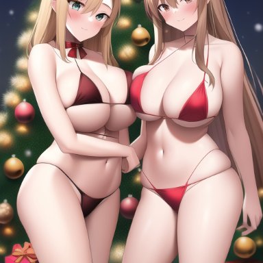 christmas, sword art online, alice schuberg, yuuki asuna, nai diffusion, nightcore (artist), stable diffusion, 2girls, alluring, amber hair, blonde hair, blue eyes, brown eyes, christmas ornaments, christmas tree