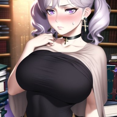 black clover, noelle silva, rene228, stable diffusion, 1girls, bangs, blush, breasts, collar, collarbone, curvy, earrings, embarrassed, frown, hourglass figure