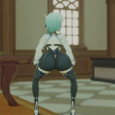 genshin impact, eula (genshin impact), kishi, aqua hair, ass, ass focus, ass shake, bare shoulders, female, from behind, hair ornament, hairband, jiggle, leotard, long hair