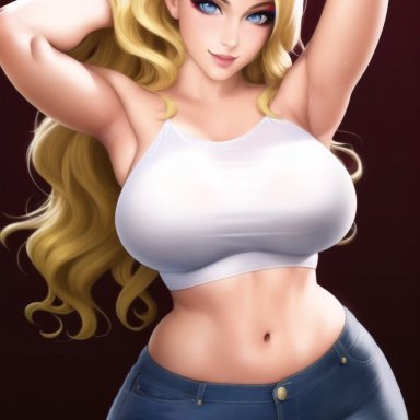 queen dee (character), nai diffusion, queen dee, stable diffusion, 1girls, armpits, arms behind head, arms up, belly, big breasts, big thighs, blonde hair, blue eyes, breasts, busty