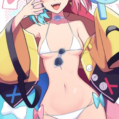 nintendo, pokemon, pokemon sv, gym leader, iono (pokemon), honeym, 1girls, bikini, blue hair, breasts, female, grin, light-skinned female, light skin, long hair