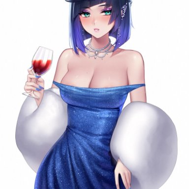 genshin impact, yelan (genshin impact), helloimtea, 1girls, bare shoulders, blue dress, blue hair, blush, busty, cleavage, clothing, dress, drink, drunk, green eyes